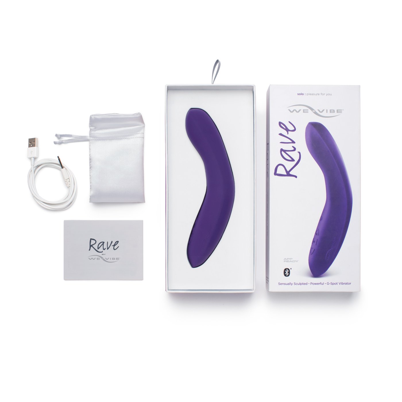 Conte�do da embalagem do Vibrador Rave by We-Vibe Roxo: vibrador, cabo USB, bolsa de armazenamento e manual