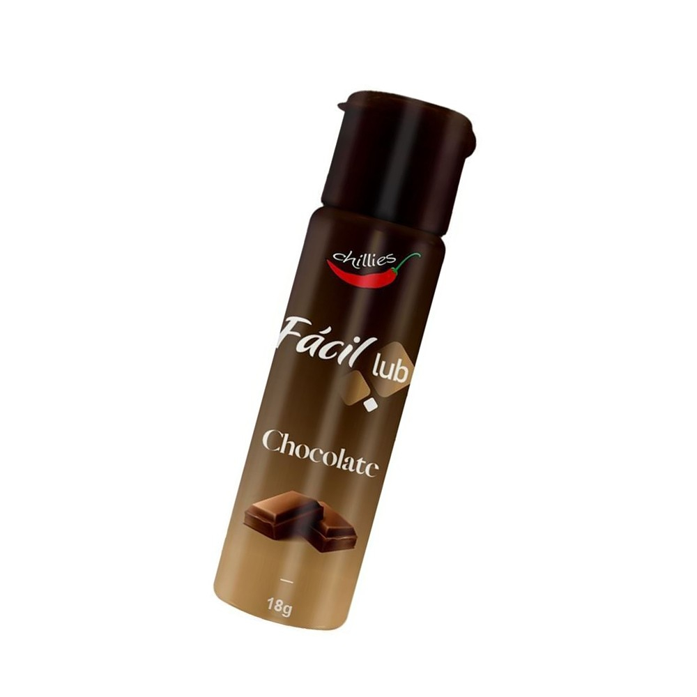 Gel Lubrificante Beij�vel Sabor Chocolate F�cil Lub 18g inclinado, mostrando parte de tr�s da embalagem