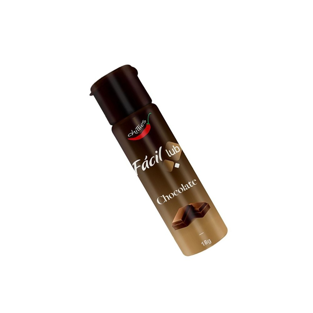 Gel Lubrificante Beij�vel Sabor Chocolate F�cil Lub 18g em close-up, real�ando a qualidade da impress�o do r�tulo e o �cone de chocolate