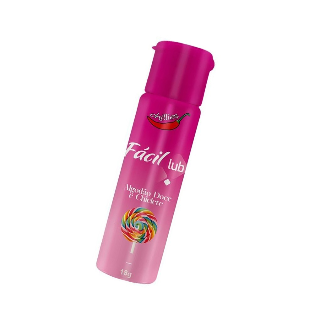 Gel Lubrificante Beij�vel Sabor Algod�o Doce e Chiclete F�cil Lub 18g: frasco rosa inclinado, com os r�tulos vis�veis e tampa flip-top na parte superior.