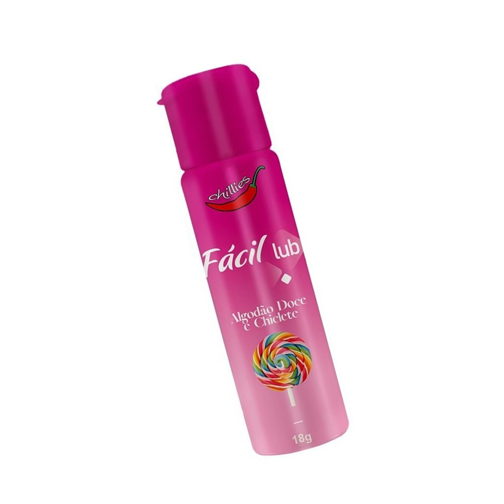 Gel Lubrificante Beij�vel Sabor Algod�o Doce e Chiclete F�cil Lub 18g: frasco rosa em �ngulo, destacando a tampa flip-top e informa��es do produto.