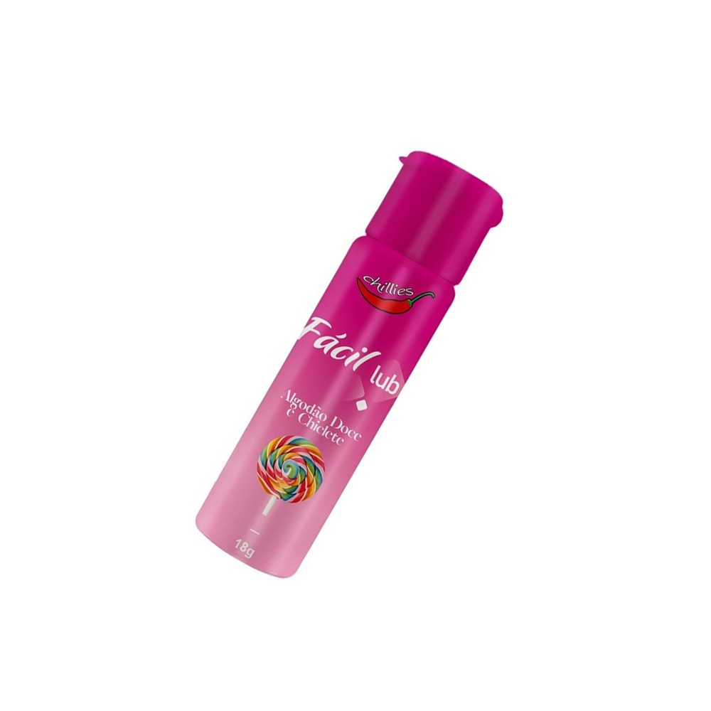 Gel Lubrificante Beij�vel Sabor Algod�o Doce e Chiclete F�cil Lub 18g: vista lateral do frasco rosa, evidenciando a forma cil�ndrica e o design ergon�mico.
