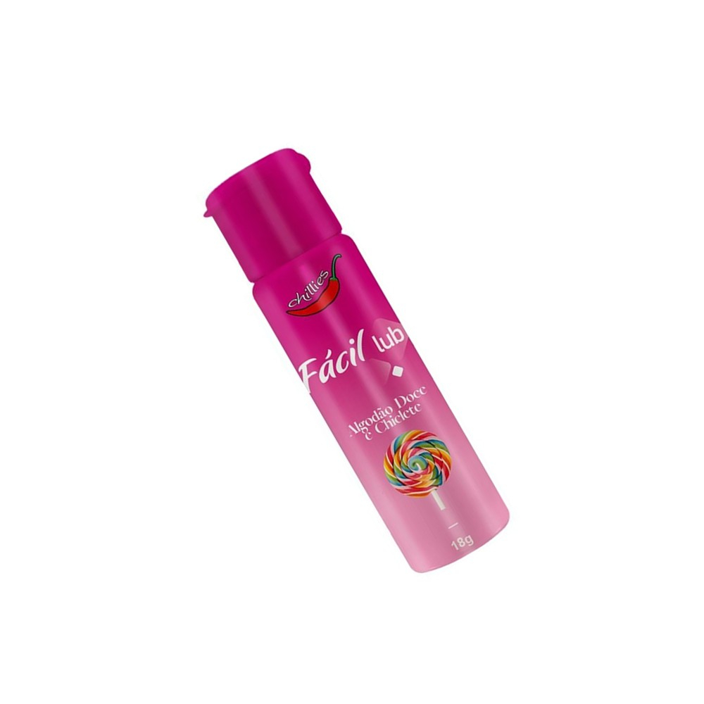 Gel Lubrificante Beij�vel Sabor Algod�o Doce e Chiclete F�cil Lub 18g: frasco rosa em vista superior, mostrando a tampa flip-top e a abertura do produto.
