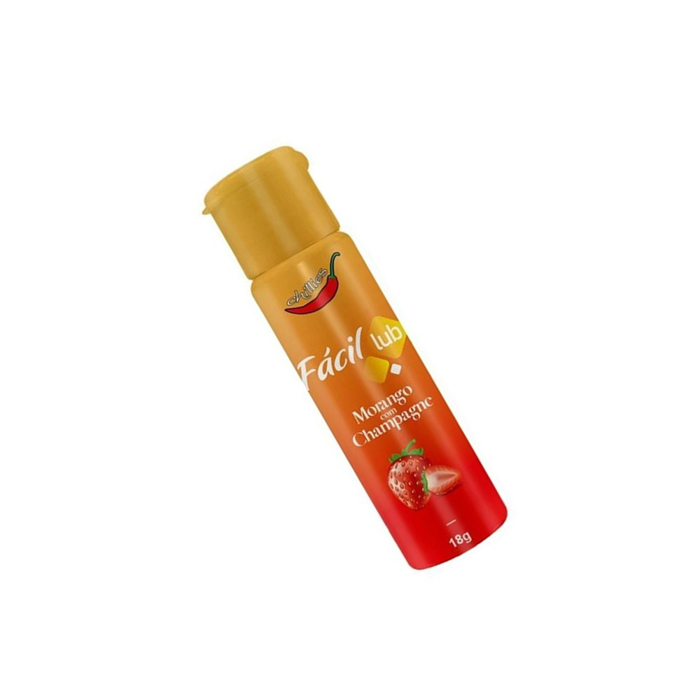 Detalhe do r�tulo do Gel Lubrificante Beij�vel Morango com Champanhe, com a marca Chillies e �cones de morango