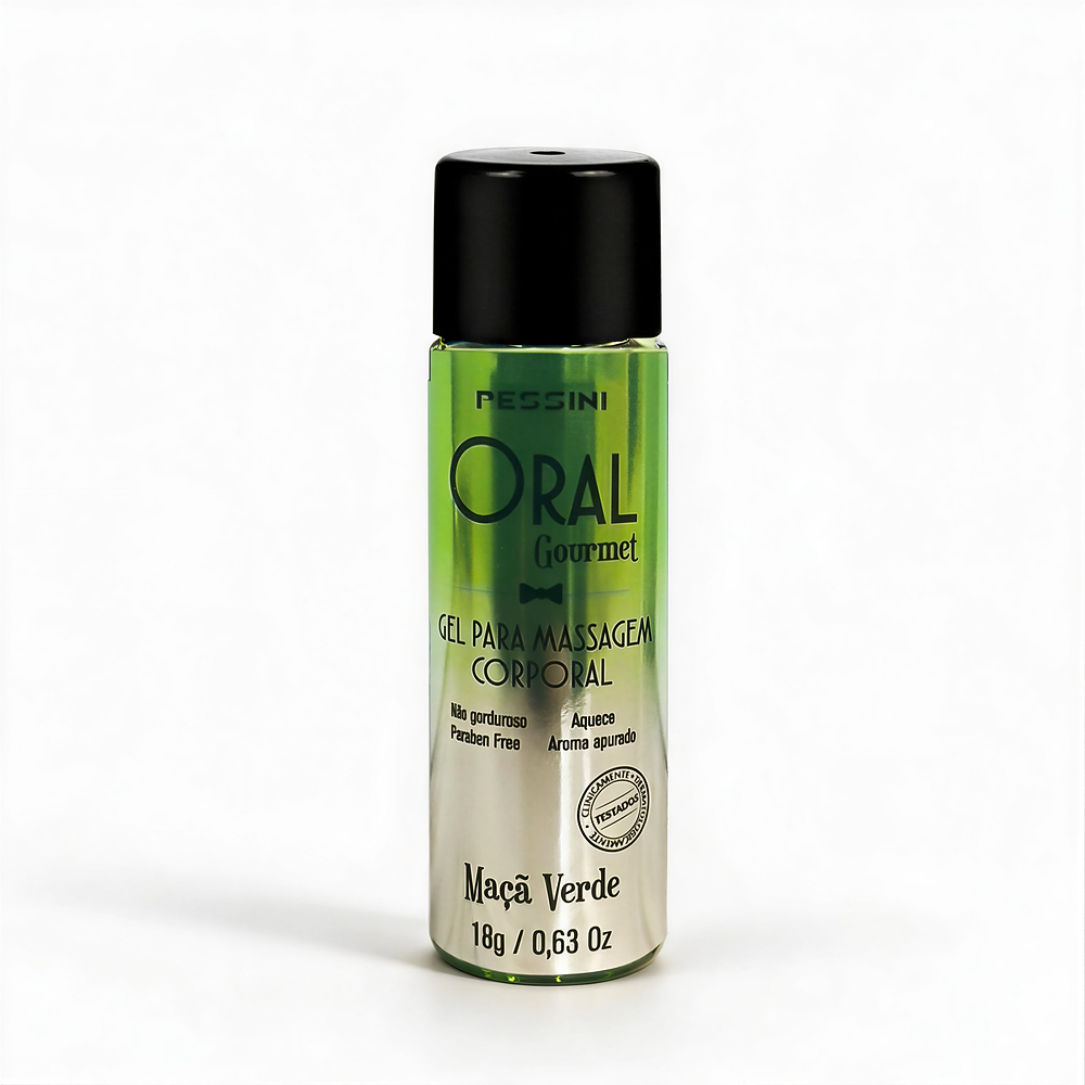 Embalagem do Gel para Sexo Oral Beij�vel Oral Gourmet Ma�� Verde 18g, vista frontal com a tampa preta e o r�tulo verde met�lico