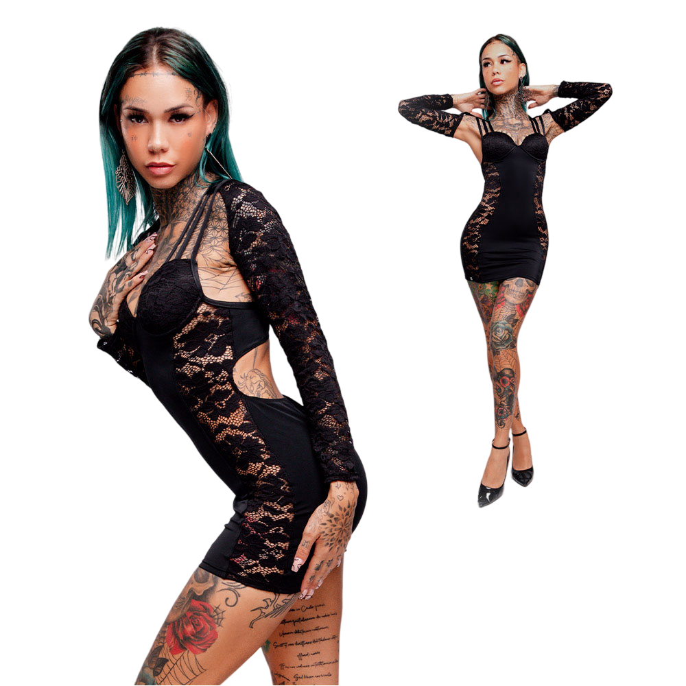 Vestido Sensual Sexy Preto: Vista lateral e frontal da modelo, exibindo o caimento do vestido e os detalhes da renda nas mangas.