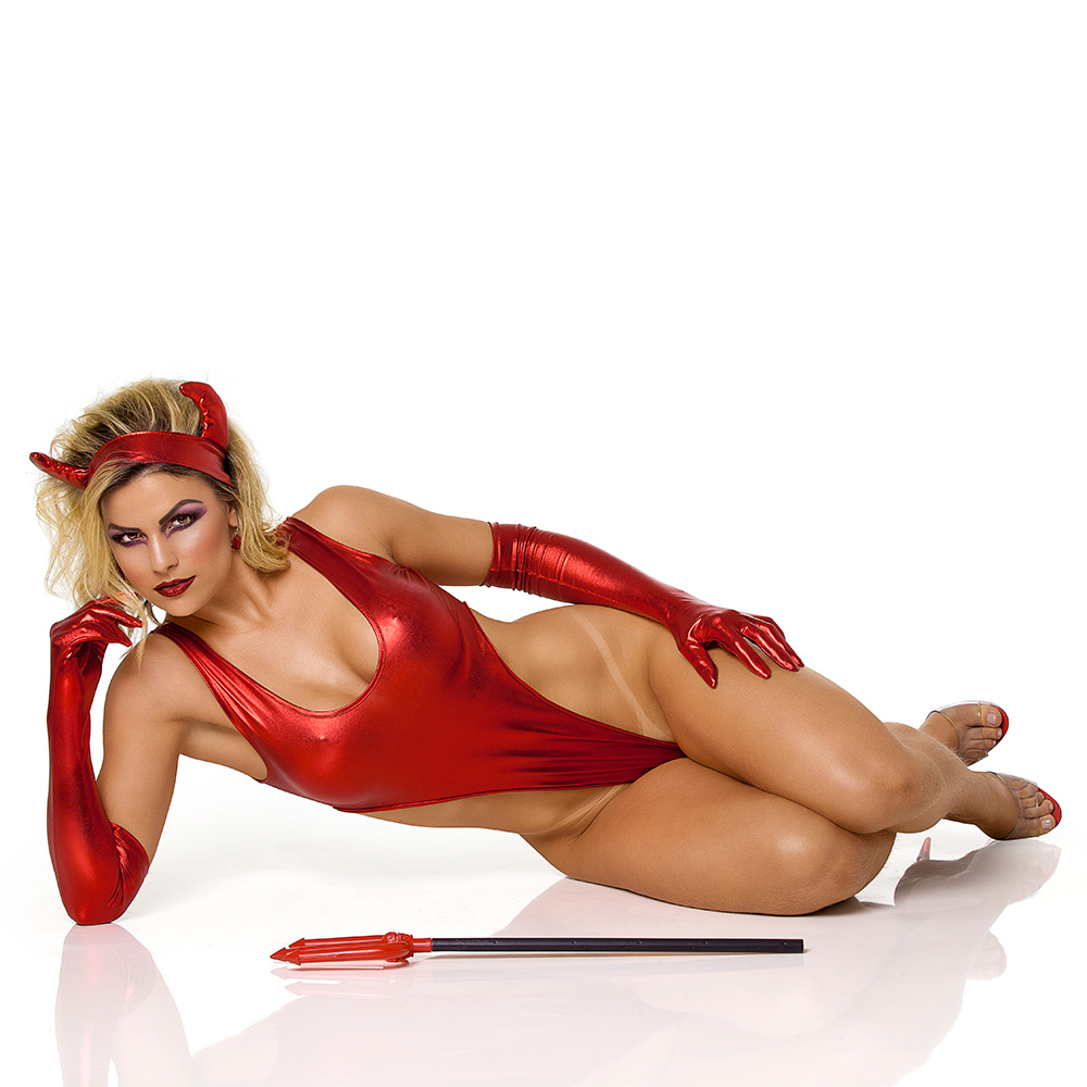 Fantasia de Diabinha Sensual com Body Cavado sem Bojo com Luva e Chifre Voluptatem Vermelha | Foto 03