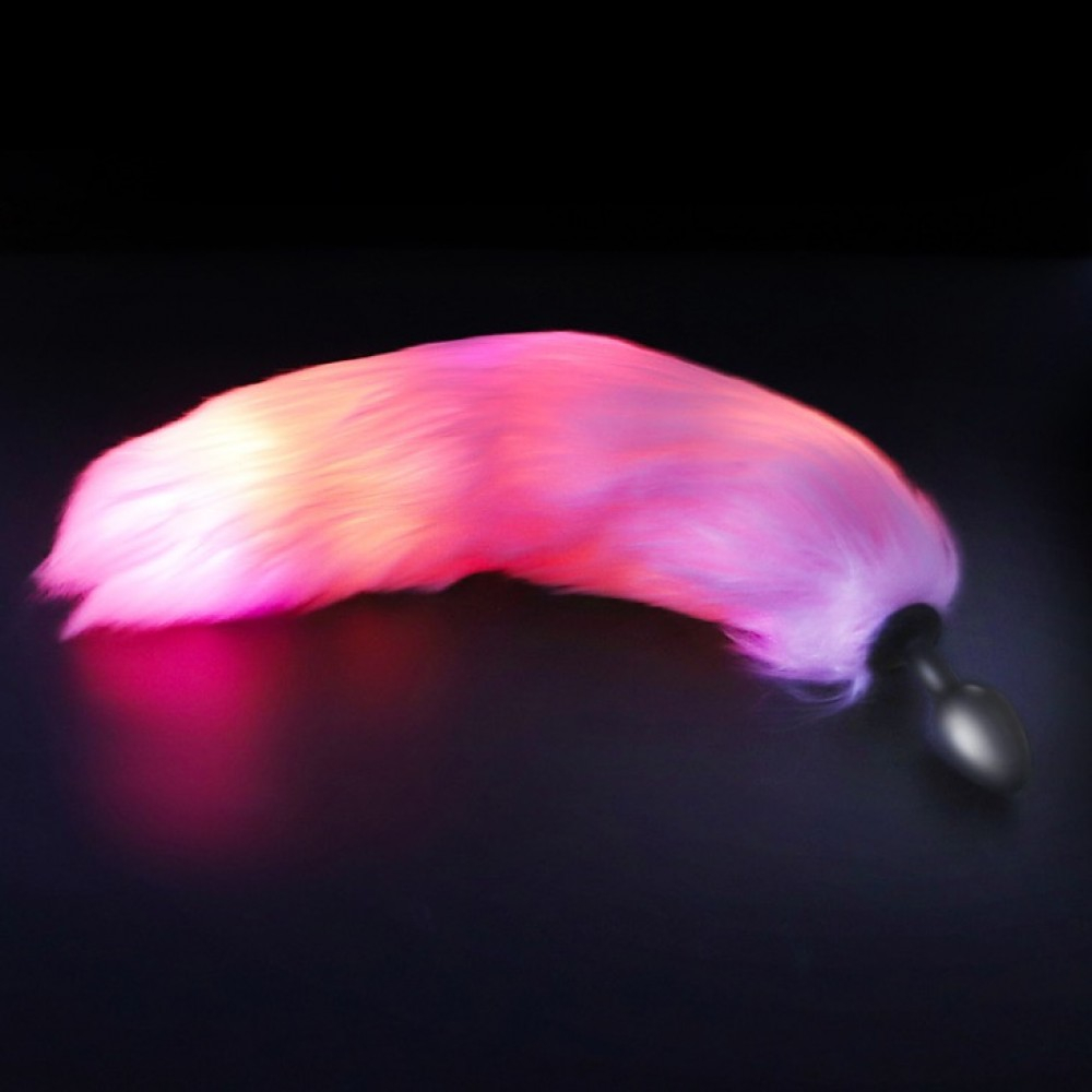 Plug Anal Rabo em Silicone Preto com Cauda de Pelúcia com Pisca Pisca Rosa | Foto 02
