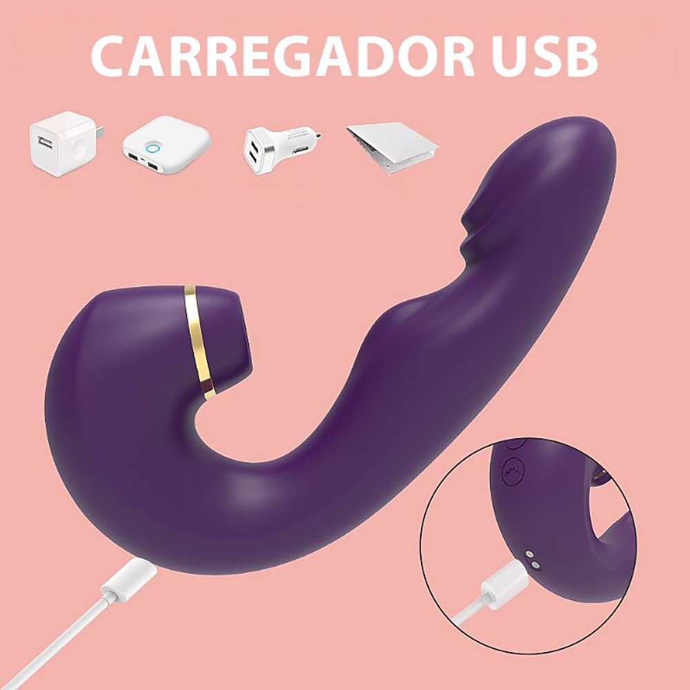 Vibrador Duplo em Silicone Recarregavel Oiga Roxo, vista frontal da ponta curvada para estimulacao do ponto G.