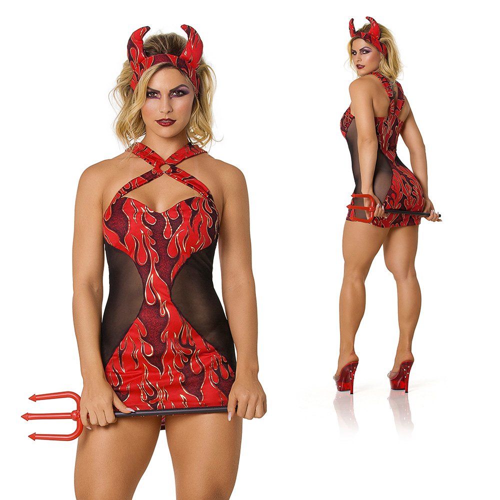 Fantasia de Diabinha Sensual com Tule sem Bojo e Chifre Fire in Hell Vermelha e Preta | Foto 01