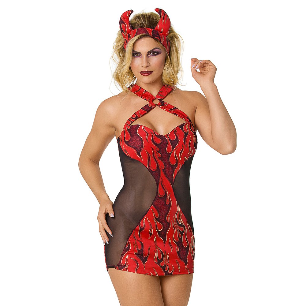 Fantasia de Diabinha Sensual com Tule sem Bojo e Chifre Fire in Hell Vermelha e Preta | Foto 05