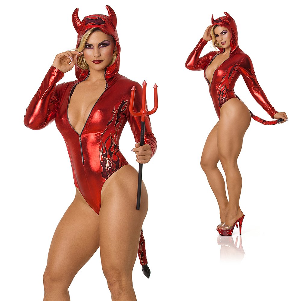Fantasia de Diabinha Sensual com Zíper e Capuz de Chifre Infernale Vermelha | Foto 01