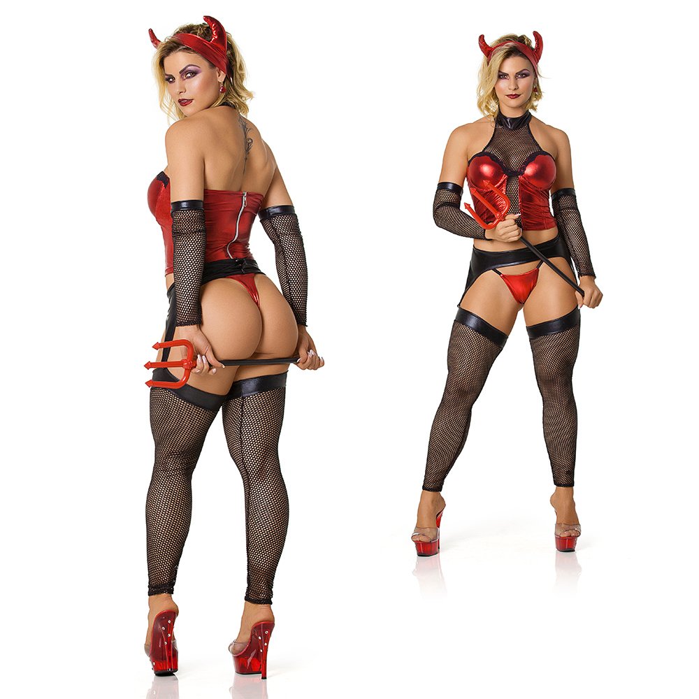 Fantasia de Diabinha Sensual com Bojo, Cinta Liga, Meia, Luva e Chifre Victa Vermelha e Preta | Foto 02