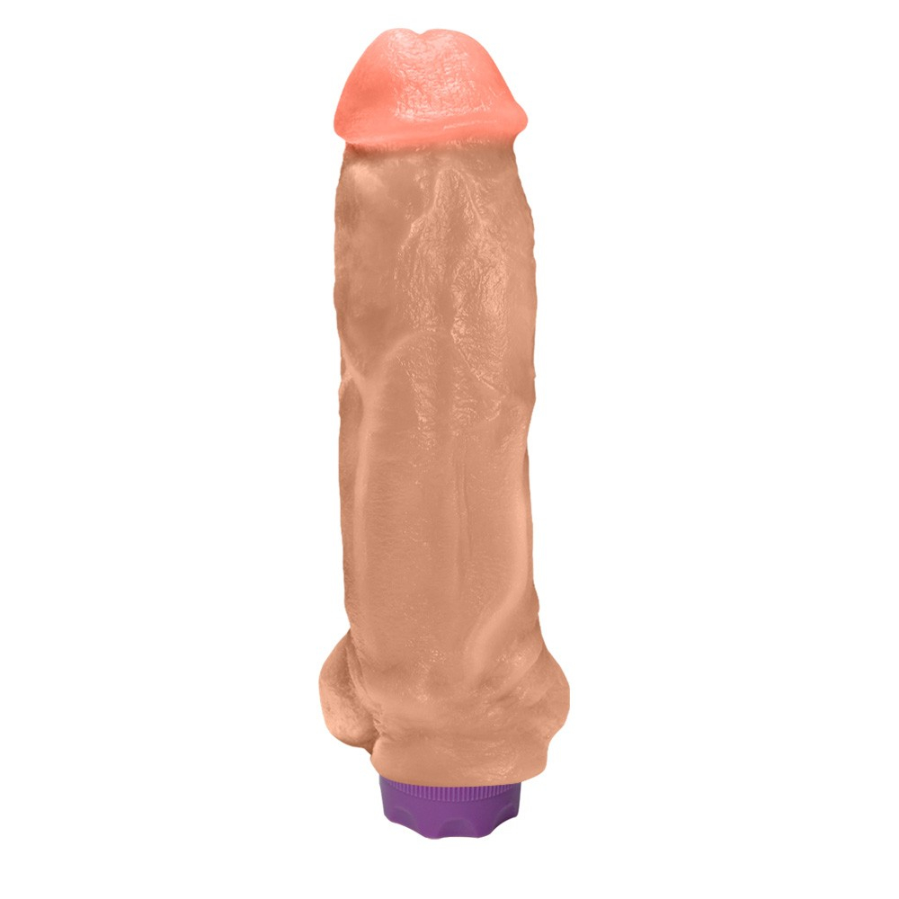 Vista frontal do P�nis Real�stico com Escroto e Vibrador King Kong com o destaque do selo de 'Vibrador Recarreg�vel 10 Modos de Vibra��o'