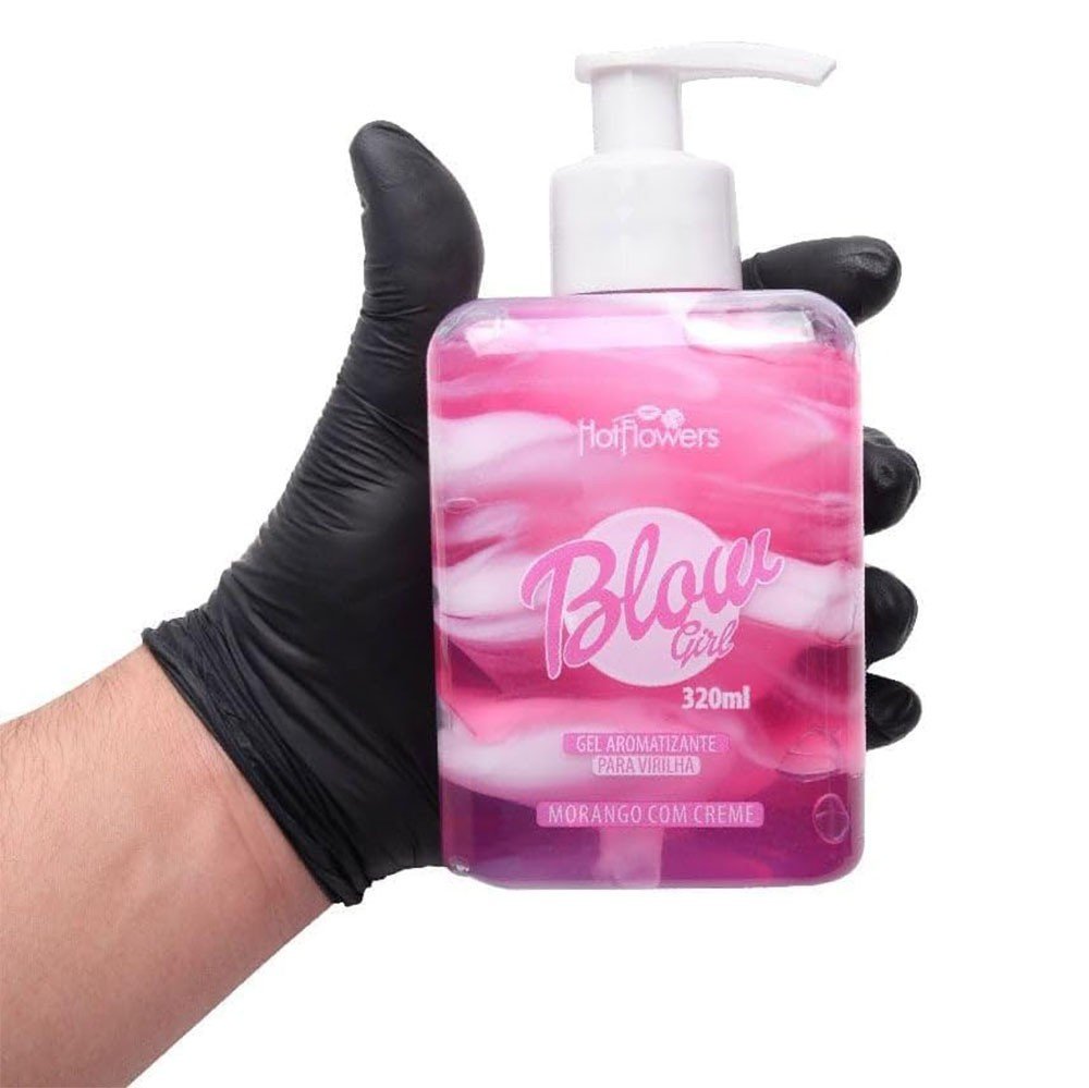 Vista frontal do Gel Hidratante para Virilha Blow Girl Aroma Morango com Creme, mostrando o design do frasco e a composi��o do gel em detalhes, Hot Flowers