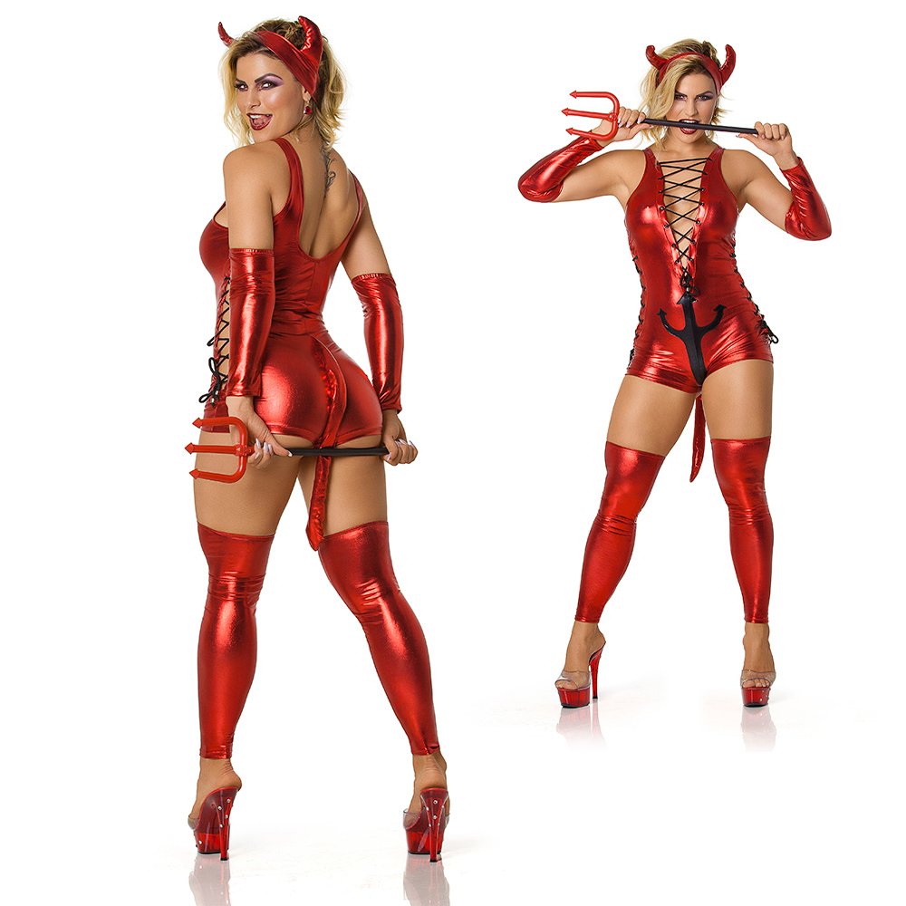 Fantasia de Diabinha Sensual com Ilhós, Meia, Luva e Chifre Tridens Vermelha | Foto 02