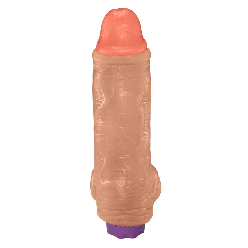 Vista lateral do P�nis Real�stico com Vibrador 10 Modos Recarreg�vel via USB LARGE 21 x 6,5cm Bege evidenciando espessura, curvatura e propor��o do produto