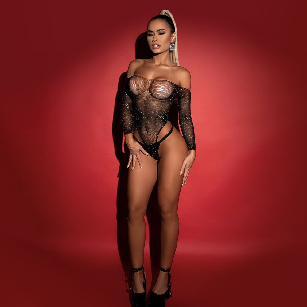 Body Cavado Ousado Sexy em Renda Arrast�o Estilo Bodystocking com Strass Preto | Foto 03