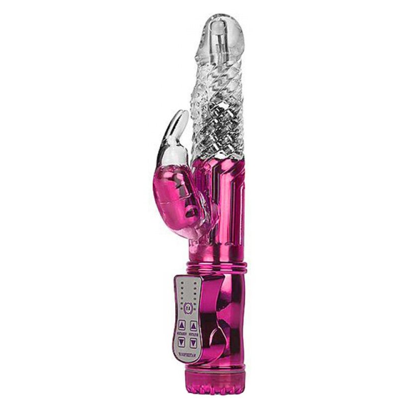 Vibrador Rabbit Rotativo com Estimulador de Clit�ris e 36 Fun��es Pink, vista lateral com foco nos controles e na silhueta ergon�mica do brinquedo.