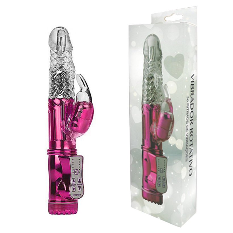 Vibrador Rabbit Rotativo com Estimulador e 36 Fun��es Pink, ao lado da embalagem com design de cora��es, mostrando o produto em sua caixa.