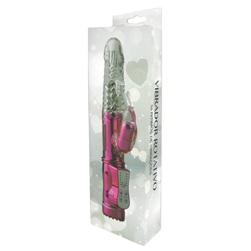 Embalagem do Vibrador Rabbit Rotativo com Estimulador e 36 Fun��es Pink, vista angular destacando o design da caixa e a imagem do vibrador.