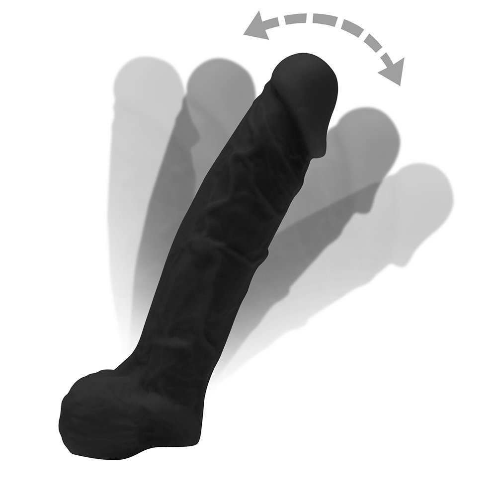 P�nis de Borracha com Escroto Hermes Preto, vista inferior, com destaque para a base larga e o escroto realista.