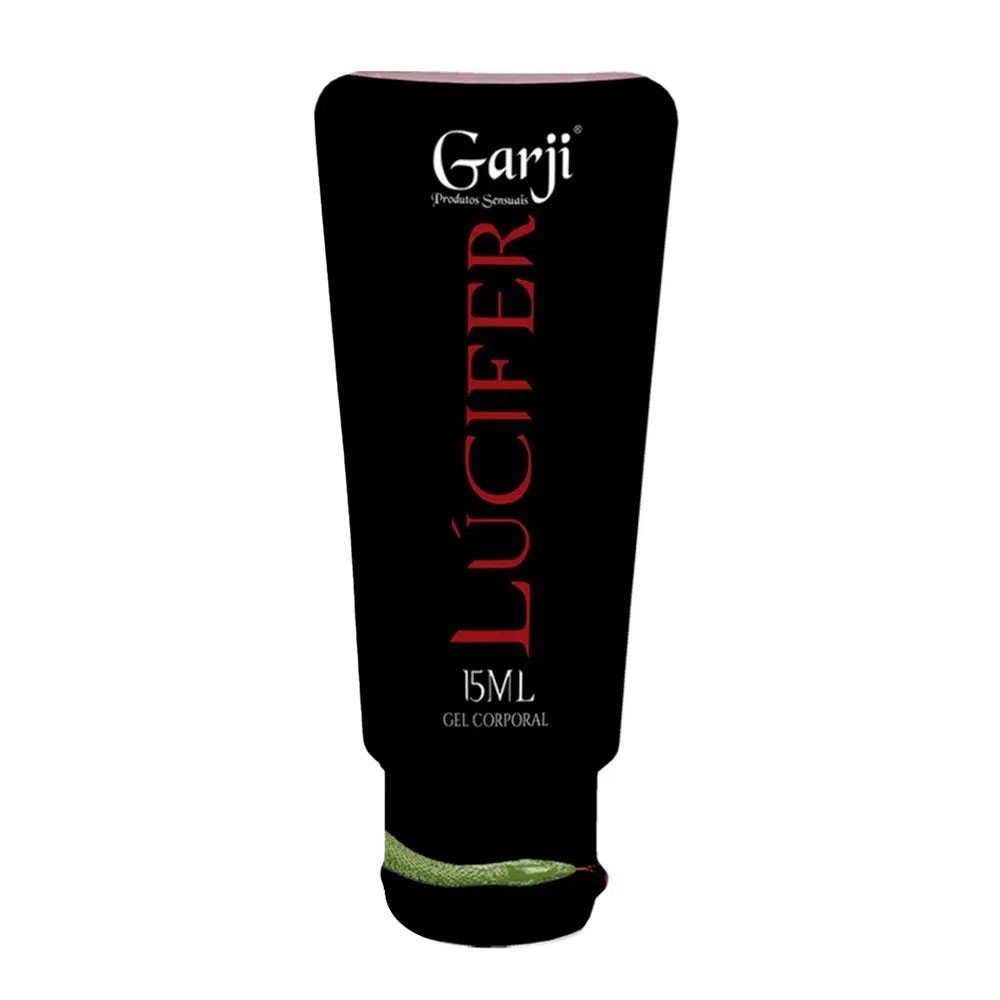Frasco do Gel Excitante Unissex L�cifer 15ml na cor preta, com o logo Garji e o nome L�cifer em vermelho