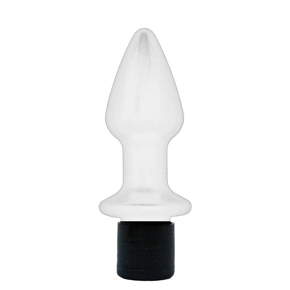 Vista frontal do frasco do Gel Beijo Grego em formato de plug anal, cor transparente e base preta, sem a embalagem.
