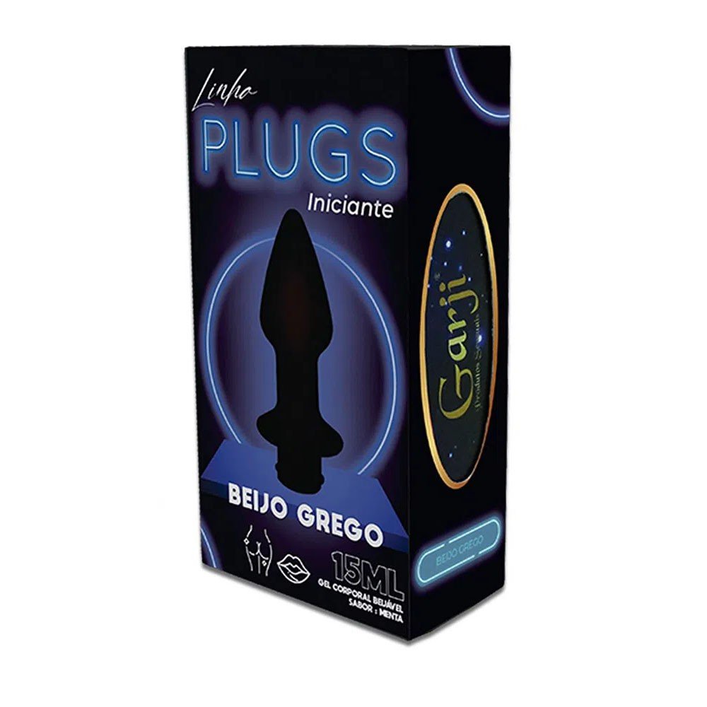 Embalagem do Gel Beijo Grego em Formato de Plug Beij�vel Menta 15ml, caixa preta vertical com ilustra��es neon e o texto 'Linha PLUGS Iniciante'.