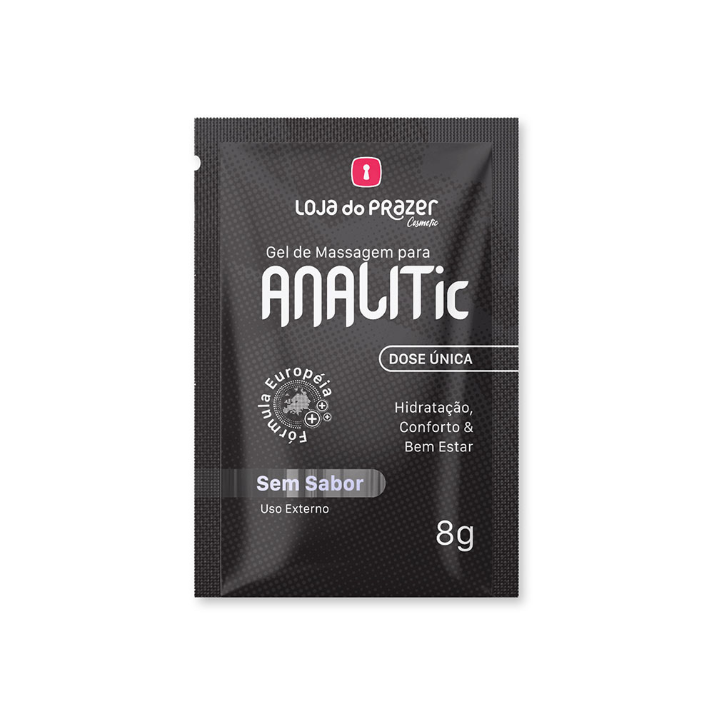 Sach� do Gel Dessensibilizante Anal ANALic 8g, vista frontal mostrando marca, peso e indica��es 'Hidrata��o, Conforto & Bem Estar'.