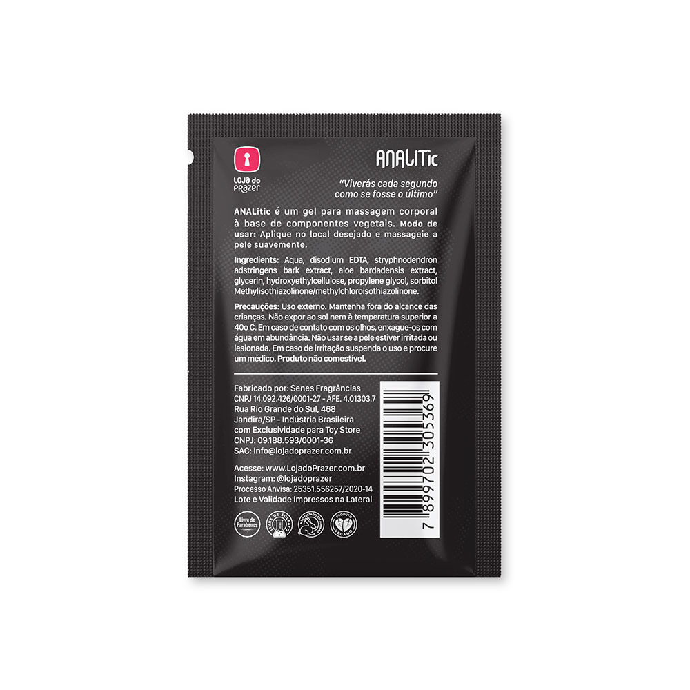 Verso do sach� do Gel Dessensibilizante Anal ANALic 8g, com informa��es detalhadas de ingredientes, modo de uso e dados do fabricante.