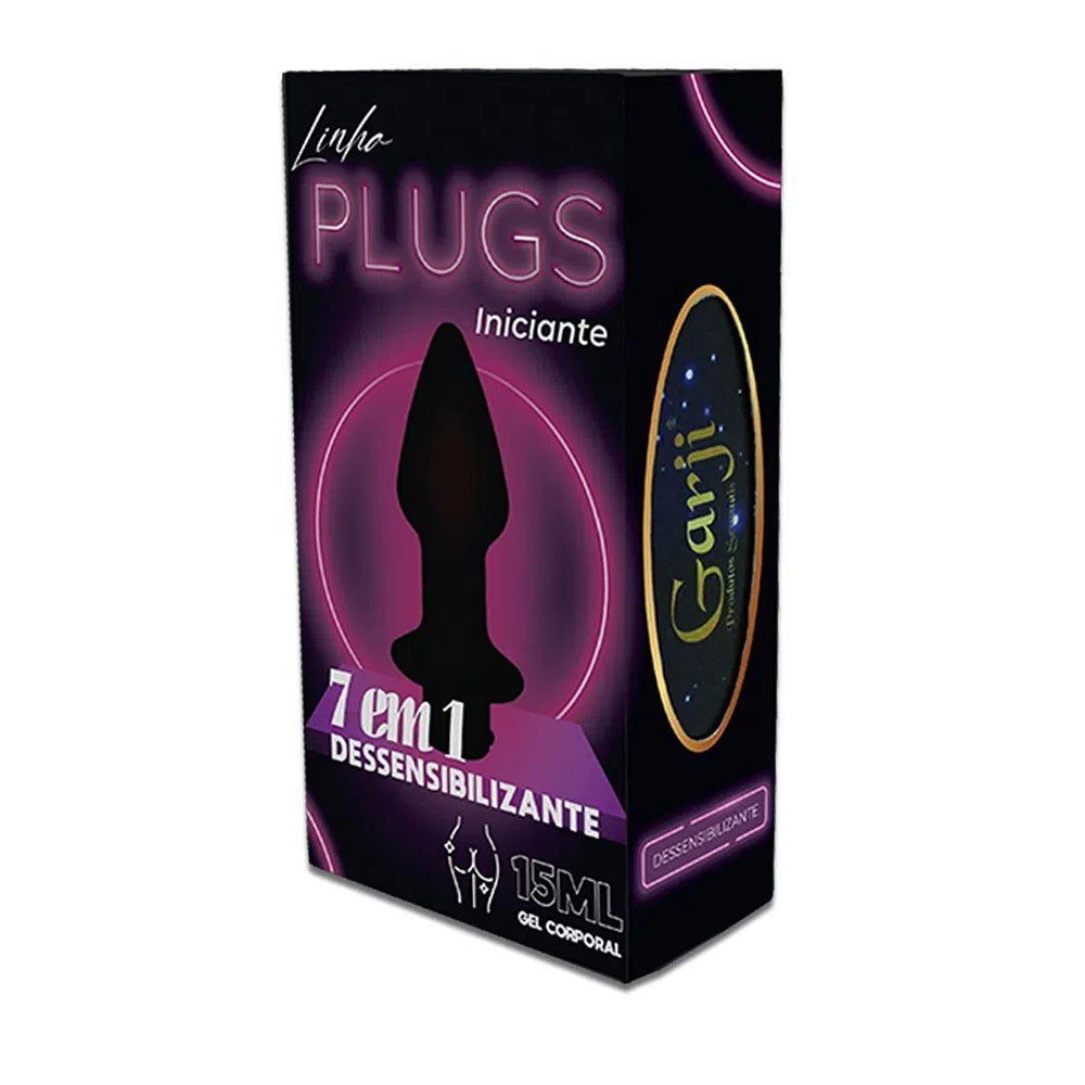 Vista lateral da embalagem do Gel Dessensibilizante para Sexo Anal Linha Plugs Iniciante 15ml Garji, mostrando o nome do produto 'Linha PLUGS', a marca Garji e a indica��o 'GEL CORPORAL'