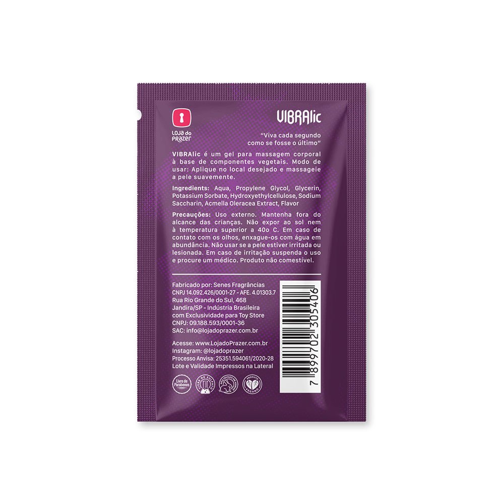 Verso da embalagem do Vibrador L�quido Excitante Morango VIBRALic 8g, mostrando ingredientes e precau��es de uso.