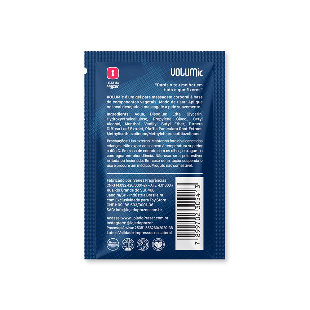 Verso do sach� de Gel Masculino VOLUMic, com a lista de ingredientes, informa��es de precau��o, dados do fabricante e selos de seguran�a