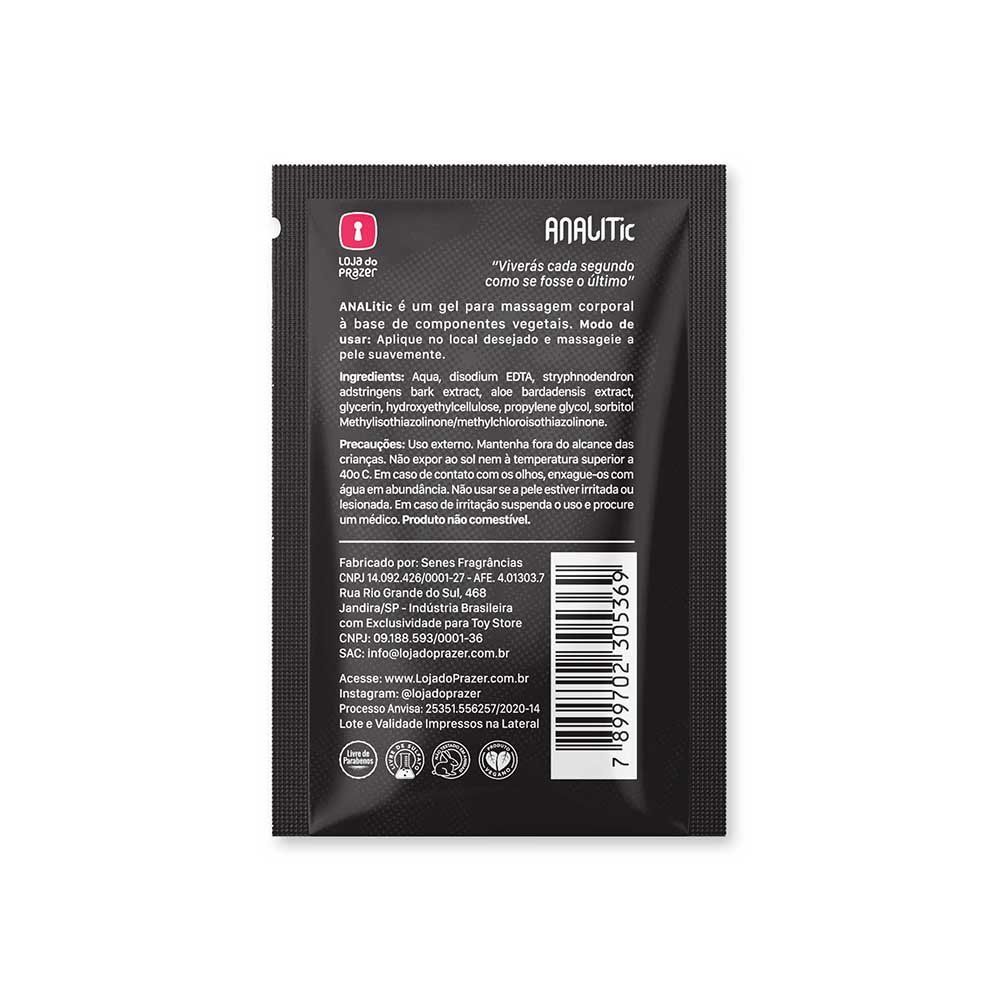 Parte traseira de um sach� do Gel Dessensibilizante ANALic, mostrando a composi��o do produto, modo de usar, precau��es, dados do fabricante e informa��es de contato