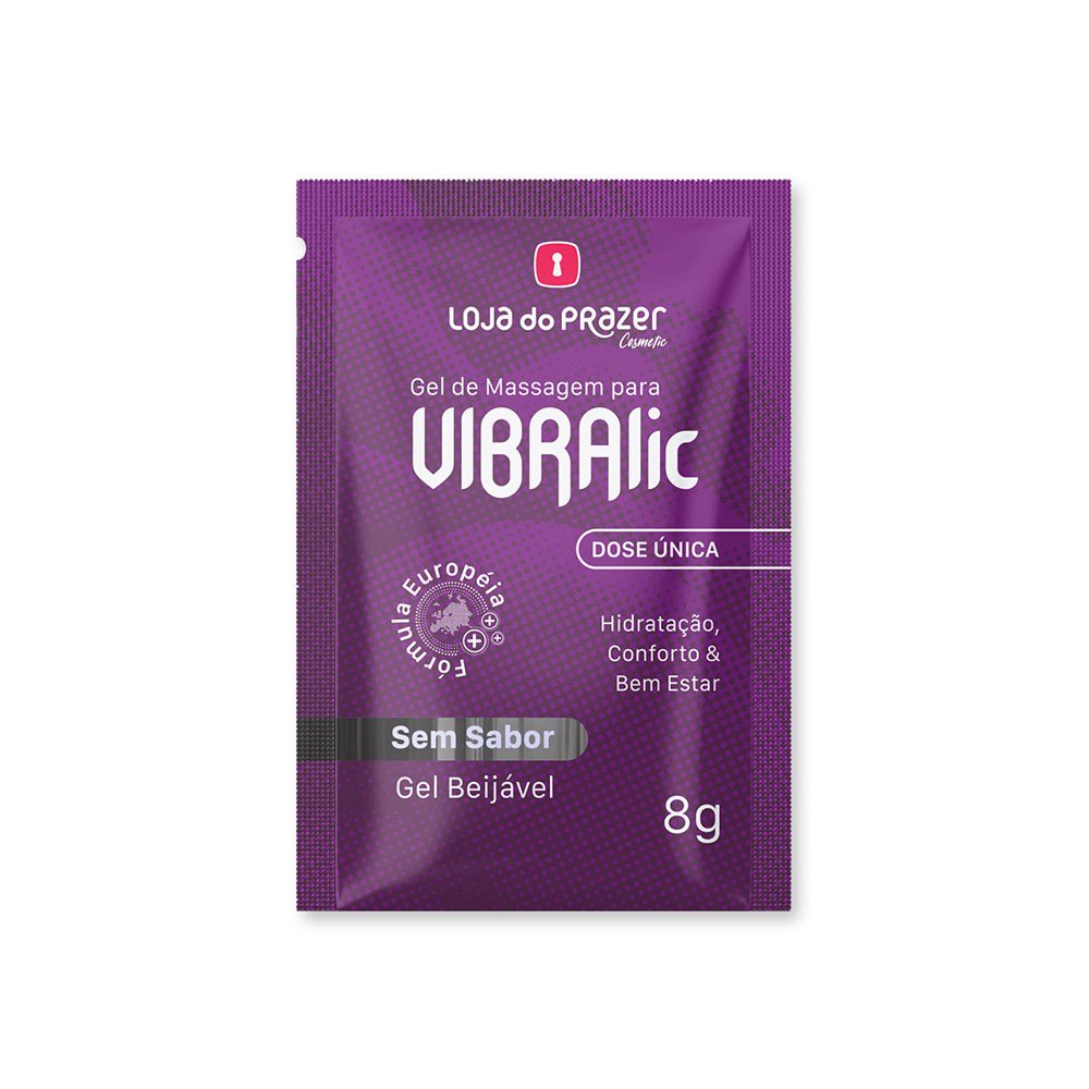 Vibrador L�quido Excitante Morango VIBRALic sach� �nico na cor roxa com a marca Loja do Prazer e a indica��o de Gel de Massagem Destaque para 