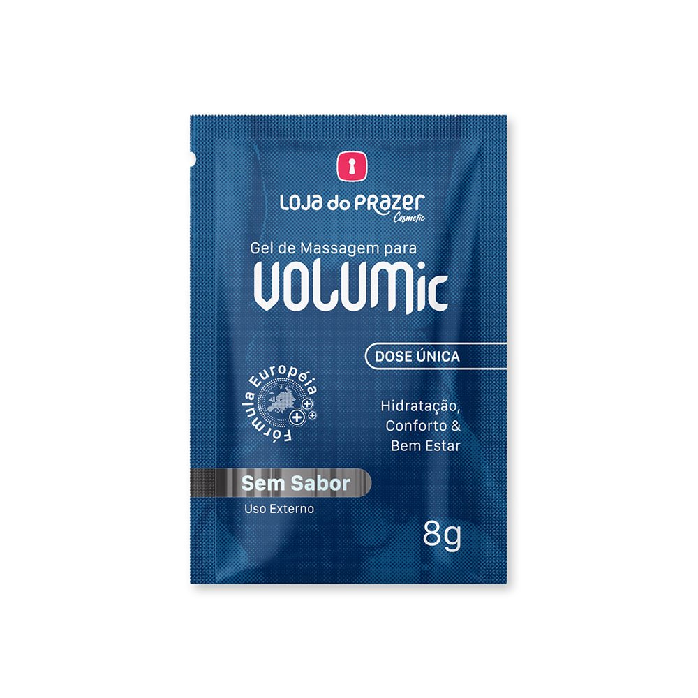 Sach� individual de Gel Masculino Intensificador de Ere��o VOLUMic em vista frontal, destacando 'Hidrata��o, Conforto & Bem Estar' e 'Sem Sabor'.