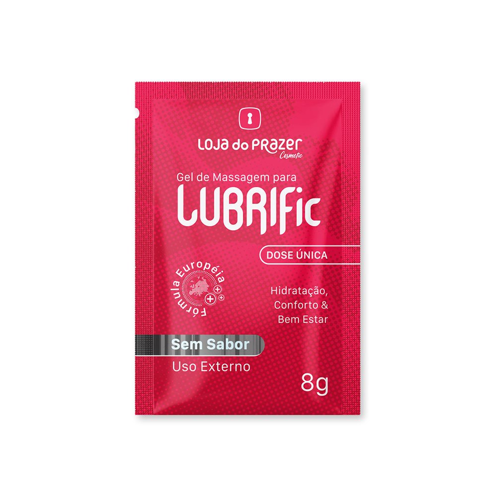Primeiro plano de um sach� individual do Gel Lubrificante �ntimo LUBRIFic 8g, mostrando a frente da embalagem com detalhes do logo da Loja do Prazer Cosmetic e selos de qualidade