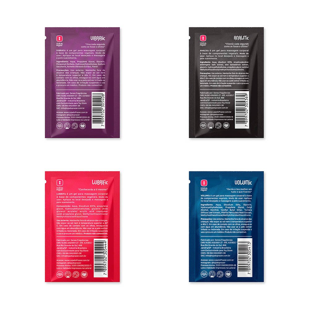 Verso de 4 sach�s do Kit COSMETic (VOLUMic, ANALic, LUBRIFic, VIBRALic), exibindo as informa��es de ingredientes e modo de uso.