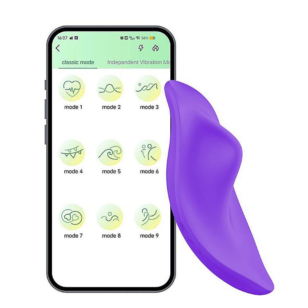 Vibrador para Clit�ris Roxo ao lado de um smartphone com o aplicativo de controle mostrando os 9 modos de vibra��o