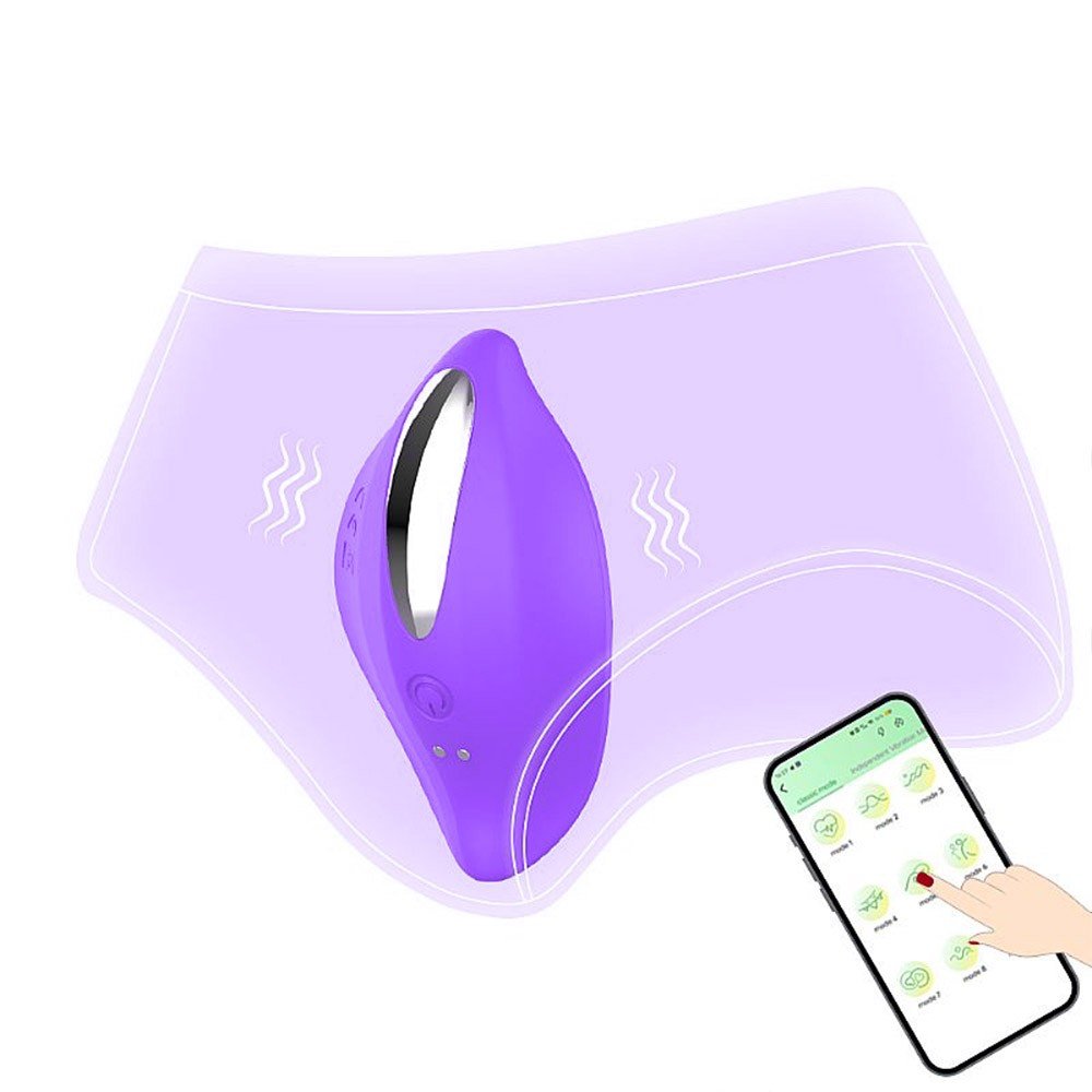 Vibrador Roxo posicionado em formato de concha com um smartphone ao fundo exibindo os modos de vibra��o do APP