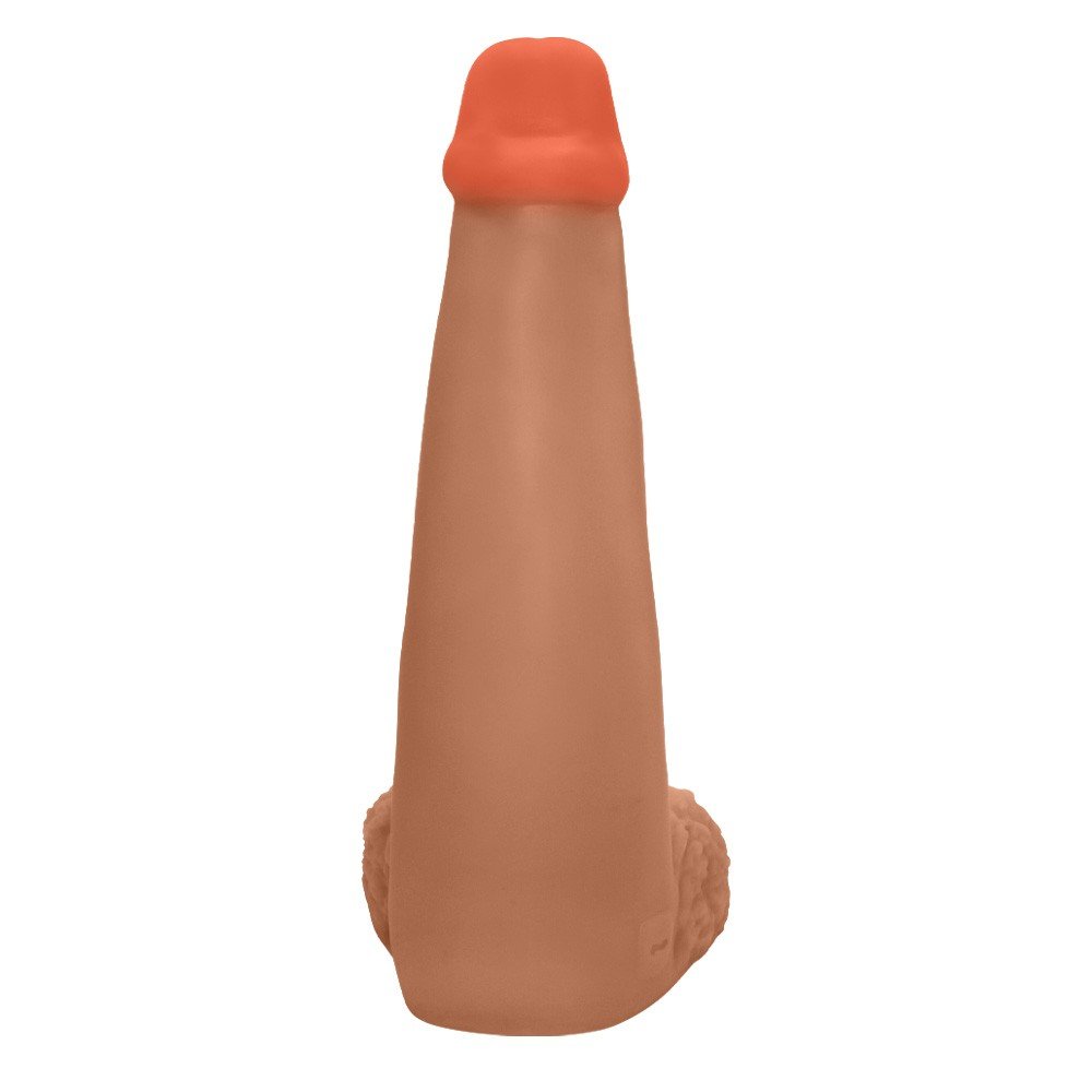 P�nis Gigante e Grosso Flex�vel com Escroto Longo 28 x 8,3cm Bege | Vista superior do dildo, mostrando a largura e o material em PVC Toque Macio.