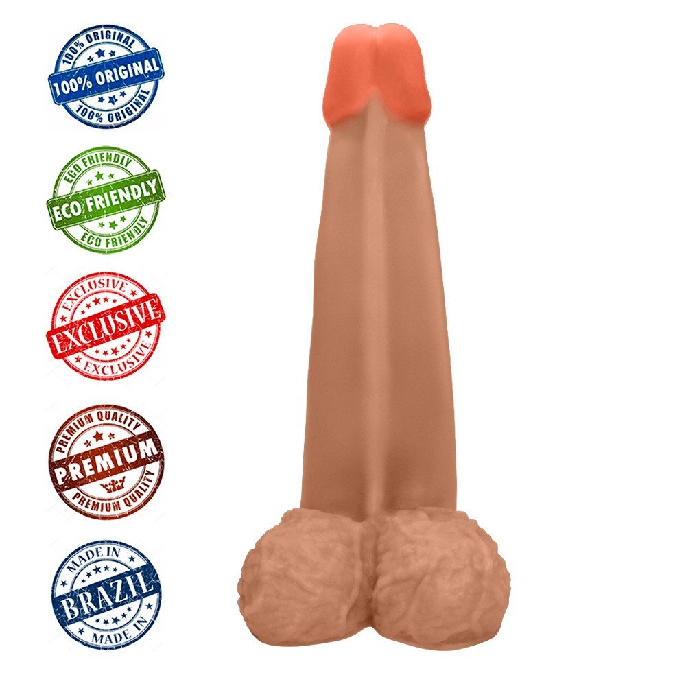 P�nis Gigante e Grosso Flex�vel com Escroto Longo 28 x 8,3cm Bege | Close da ponta do dildo (glande), com formato destacado.