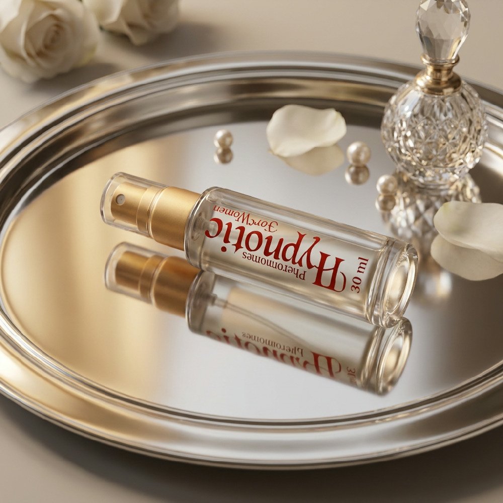 Perfume Afrodis�aco Hypnotic sobre bandeja espelhada com p�rolas e p�talas brancas