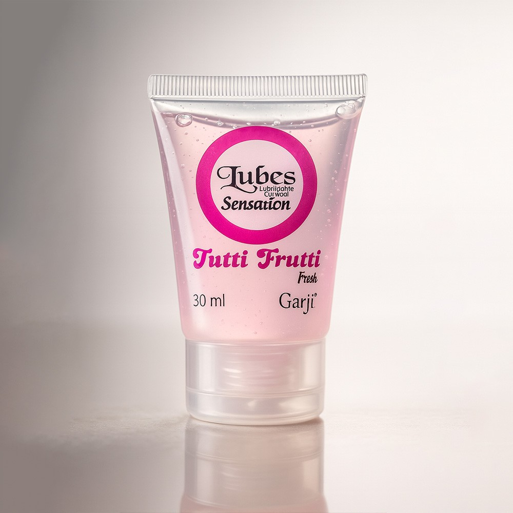 Lubrificante Lubes Sensation TuttiFrutti Fresh 30ml em detalhe, com fundo suavemente desfocado