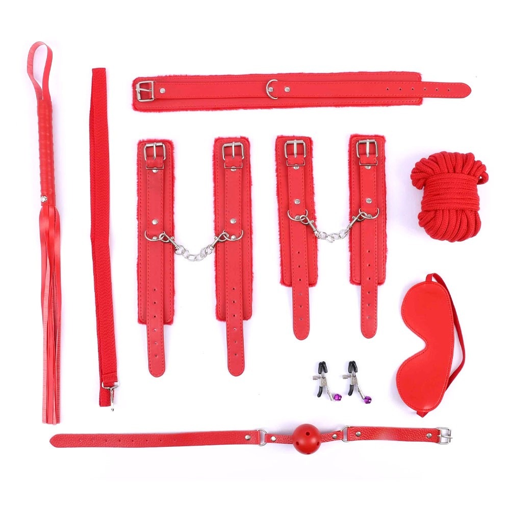 Kit Bondage Completo com 8 Itens Aveludado Vermelho | Foto 01