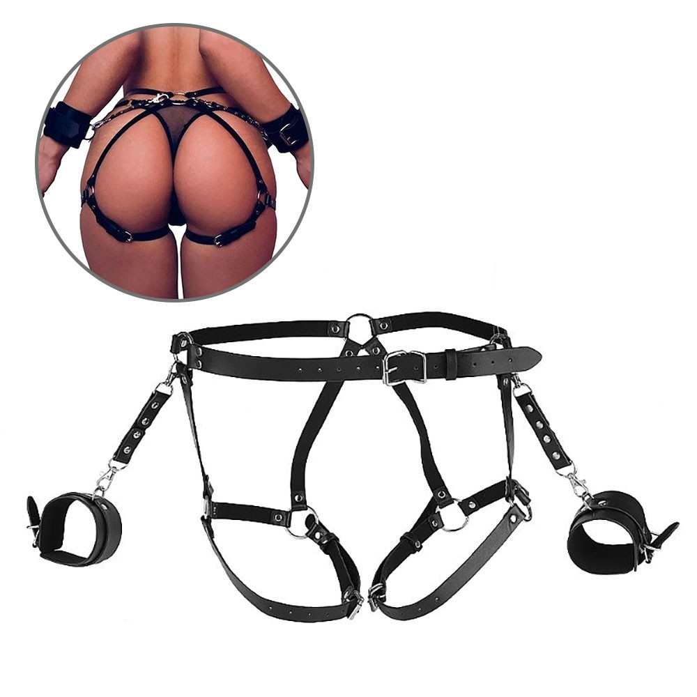 Arreio em PU (Imitação de Couro) Sado Harness de Coxa e Cintura Ajustável com Algemas Preto | Foto 01