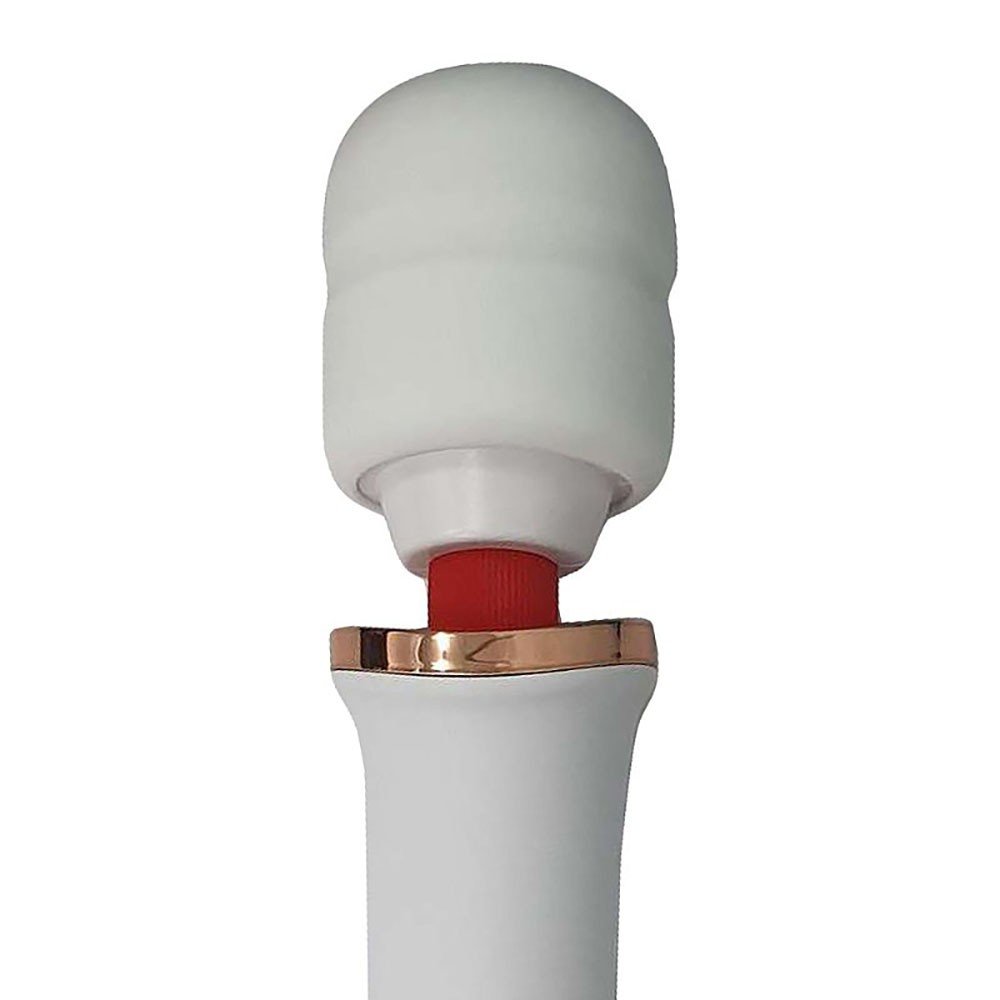 Detalhe da cabe�a flex�vel de silicone macio do Massageador Manfly Wand Branco, pronta para estimula��o