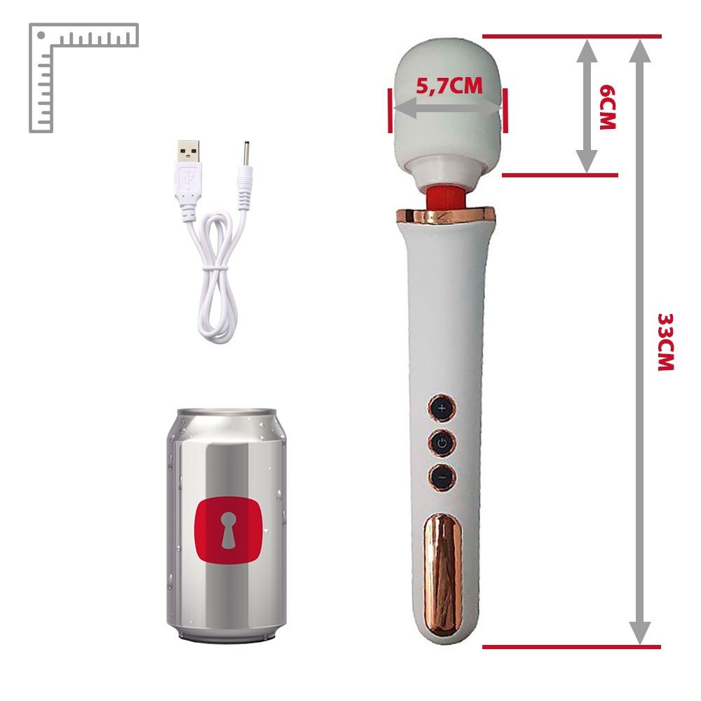 Close-up da base do Massageador Manfly Wand Branco, destacando a entrada USB para recarga e o design dos detalhes em dourado ros�