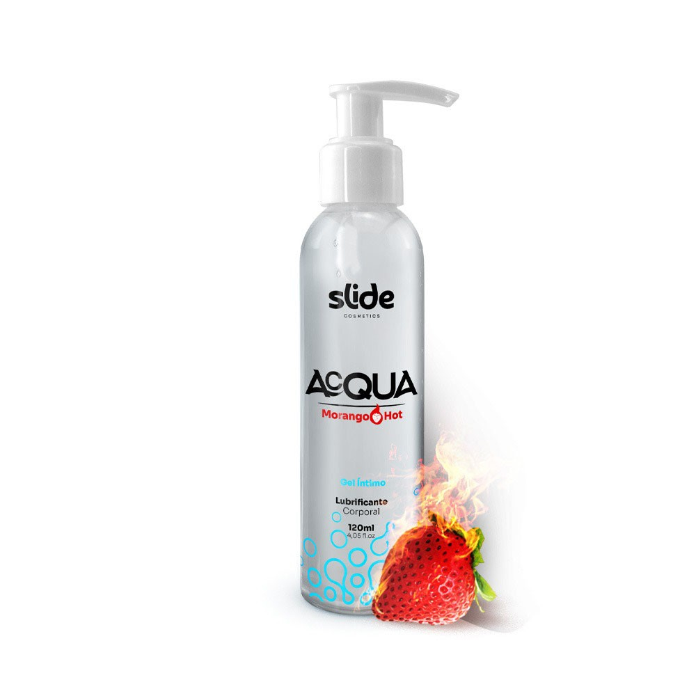 Frasco individual de Lubrificante Corporal Acqua Morango Hot 120ml, destacando o r�tulo, o dosador e a ilustra��o de morango com chamas